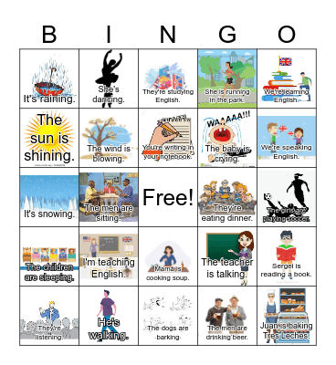Tenses: present continuous Bingo 1 with sentences Bingo Card