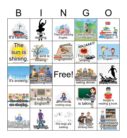 Tenses: present continuous Bingo 1 with sentences Bingo Card