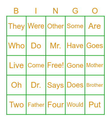 Learned Words Bingo Card