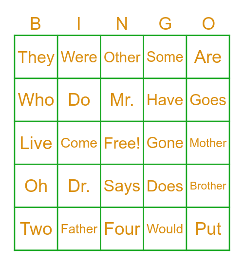 Learned Words Bingo Card