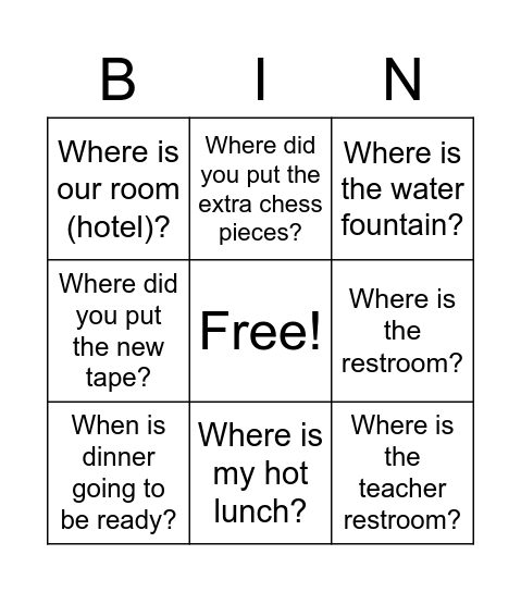 Olivia's Bingo Card