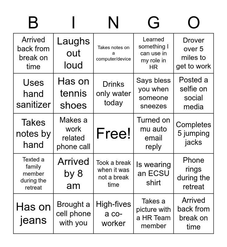 HR RETREAT Bingo Card