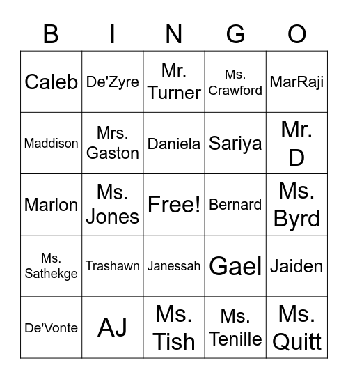 Names Bingo Card