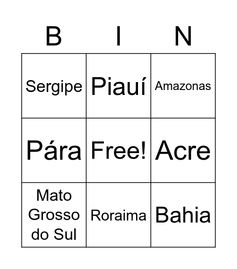 estados brasileiros Bingo Card