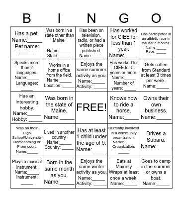Fun Fact Bingo! Bingo Card