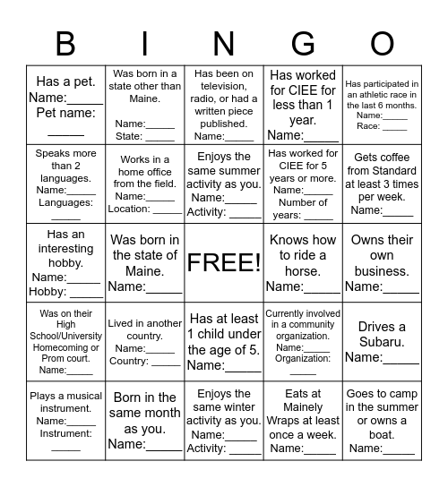 Fun Fact Bingo! Bingo Card