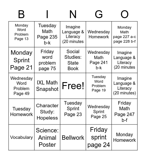 Classwork 10/25-10/29 Bingo Card