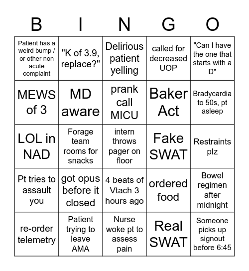 Nights Bingo Card