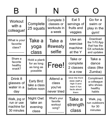YMCA Fitness Bingo Card