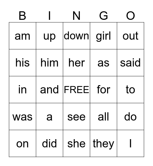 SIGHT WORD BINGO Card