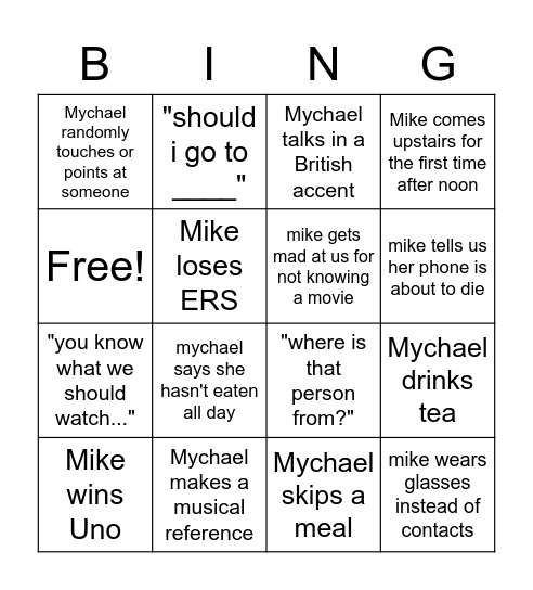 Mychael Bingo Card