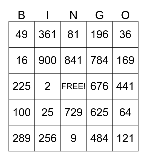 SQUARE ROOT BINGO Card