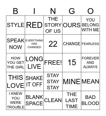 TAYLOR SWIFT SONGS Bingo Card