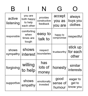 Positive Relationship Qualities Bingo Card