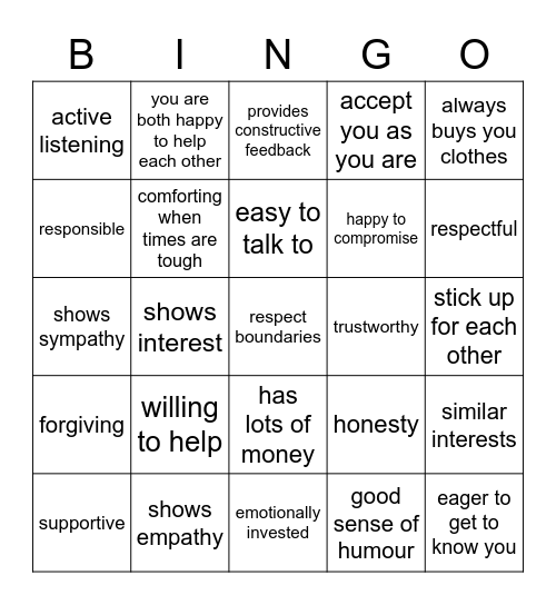 Positive Relationship Qualities Bingo Card