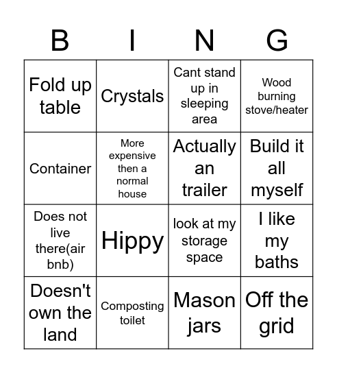 tiny home Bingo Card