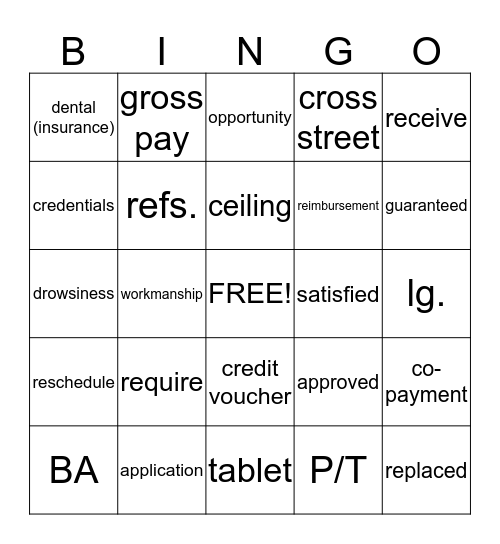 CASAS 83-84 Vocab Bingo Card 1 Bingo Card