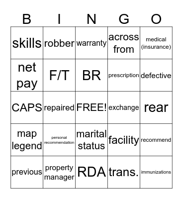 CASAS 83-84 Vocab Bingo Card 3 Bingo Card