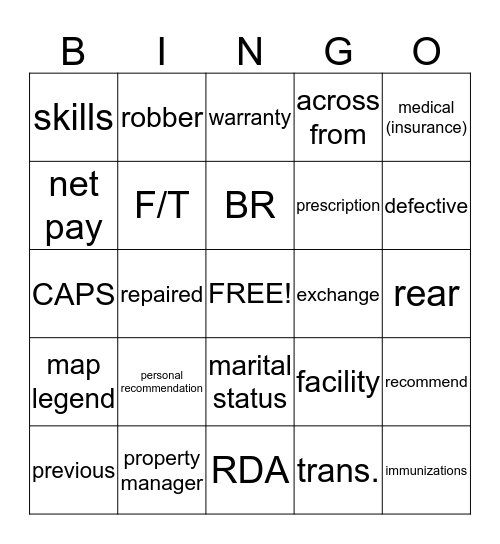 CASAS 83-84 Vocab Bingo Card 3 Bingo Card