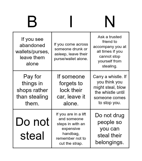 Theft Prevention Tips Bingo Card