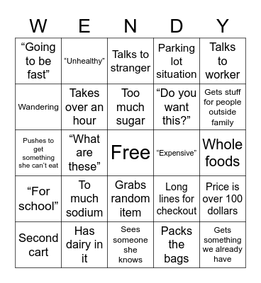 Wendy Shopping Bingo Card