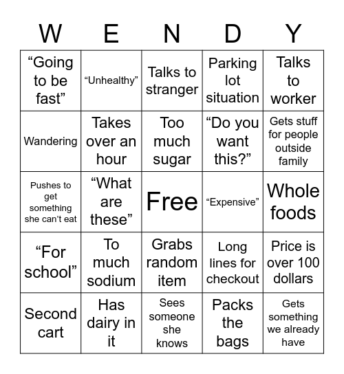 Wendy Shopping Bingo Card