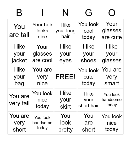 Compliment Bingo Card