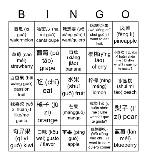 Fruit 16 Chinese Buddy Updated Bingo Card