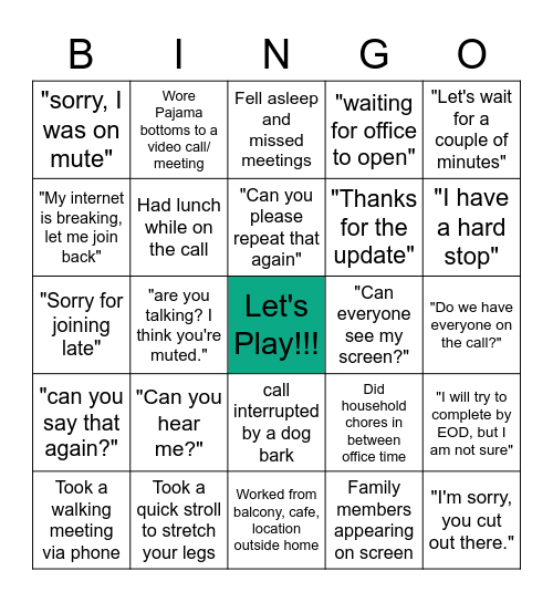 Remote Working Bingo Card