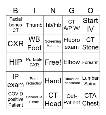 XRAY Bingo Card