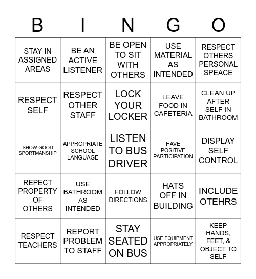 RESPECT Bingo Card