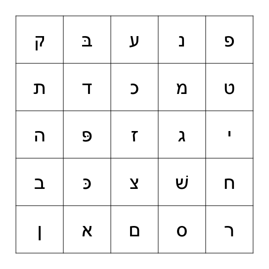 Hebrew letters Bingo Card