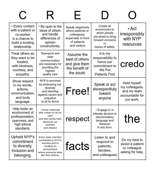 CREDO Bingo Card