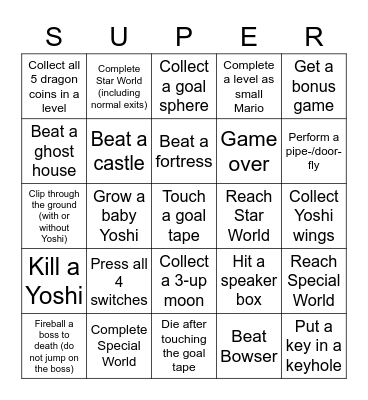 Super Mario World Randomizer Bingo Card