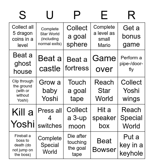 Super Mario World Randomizer Bingo Card