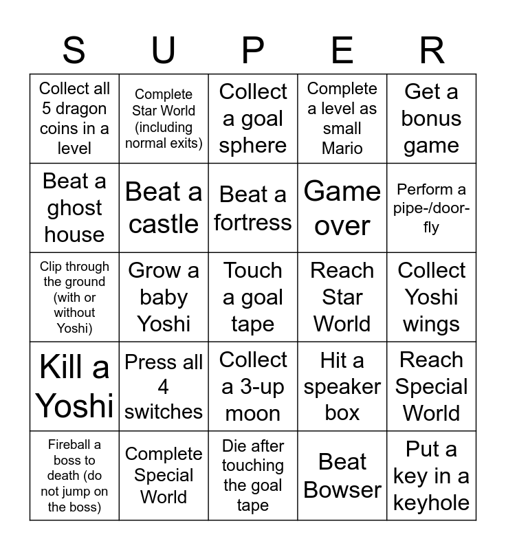 Super Mario Odyssey Speedrun Bingo Card