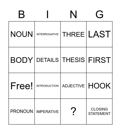 GRAMMAR BINGO Card