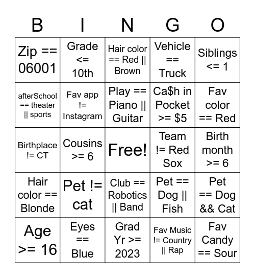 APCSA Boolean Bingo Card