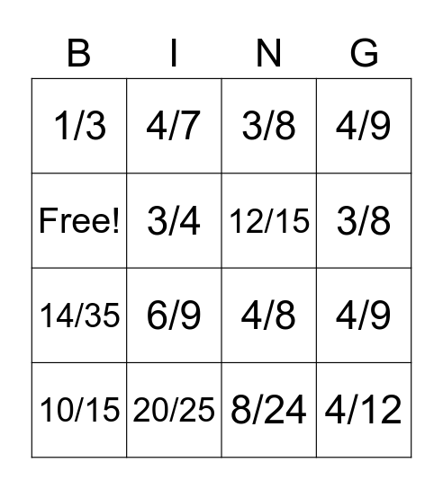 Equivalent Fraction Bingo 1st Set Bingo Card