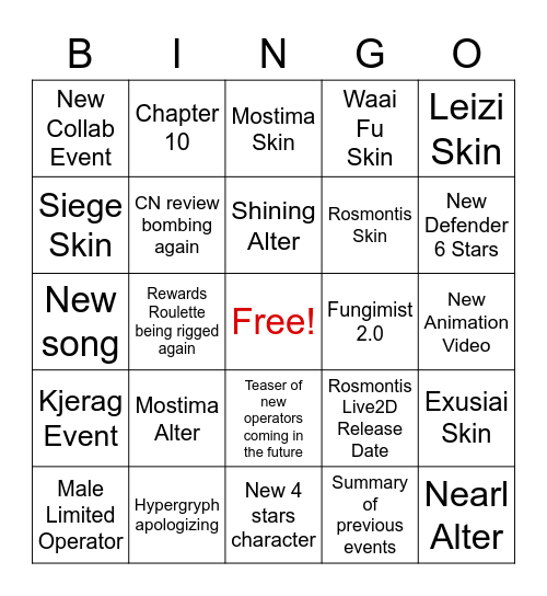 Arknights CN 2.5 Stream Bingo Card