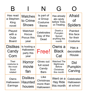 Scout Halloween BINGO Card