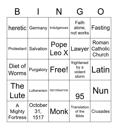 Martin Luther Bingo Card