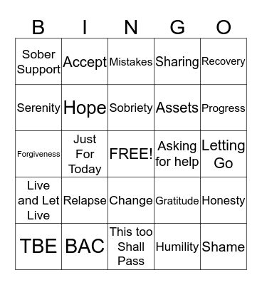 RECOVERY Bingo Card