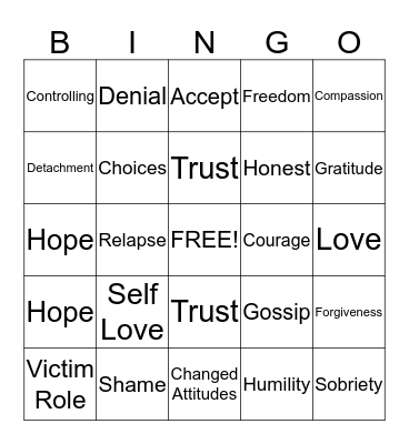 RECOVERY Bingo Card