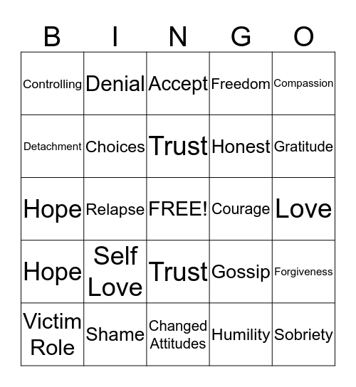 RECOVERY Bingo Card