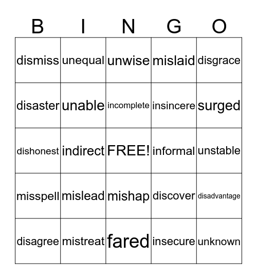 Prefixes Bingo  Bingo Card