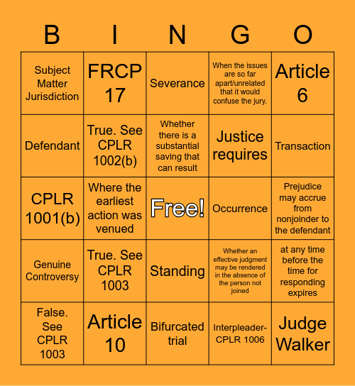 Claims & Parties Review Bingo Card