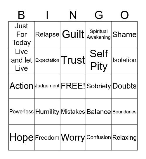 RECOVERY Bingo Card