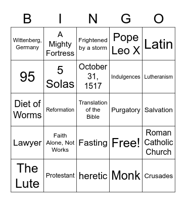 Martin Luther Bingo Card