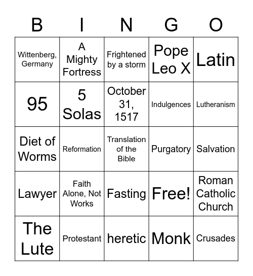 Martin Luther Bingo Card